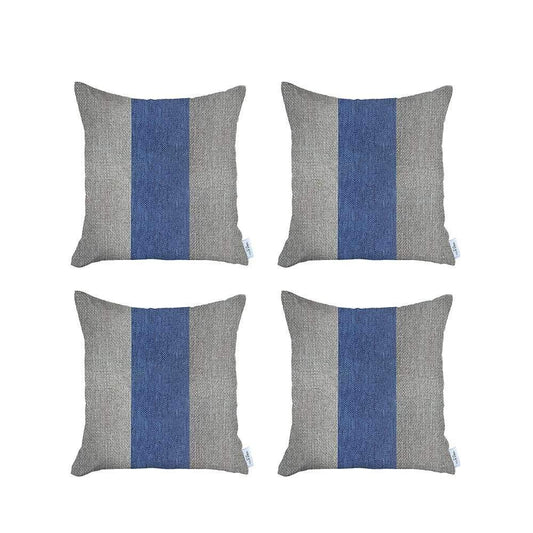 Set Of Four 18" X 18" Grey And Blue Geometric Zippered Handmade Polyester Throw Pillow