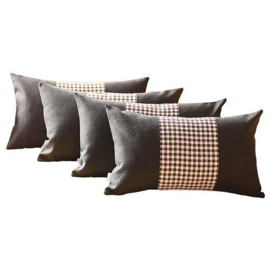 Set of Four 12" X 20" Black Red and White Houndstooth Fabric Lumbar Throw Pillows