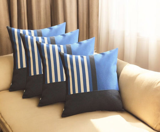 Set of Four 18" Blue Black And White Fabric Striped Throw Pillows