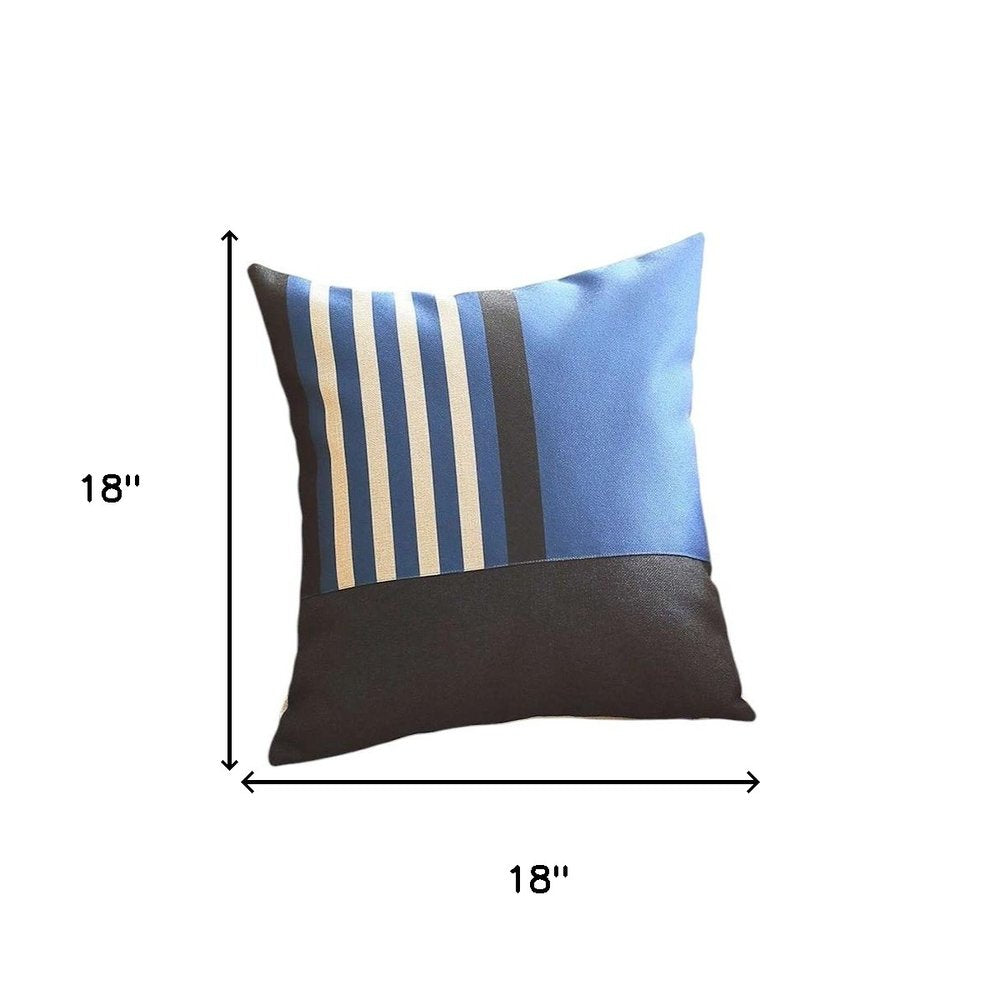 Set of Four 18" Blue Black And White Fabric Striped Throw Pillows