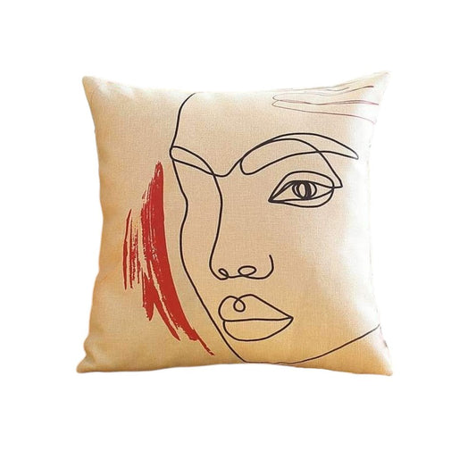 Set of Four 18" Ivory Black and Red Abstract Face Fabric Throw Pillows
