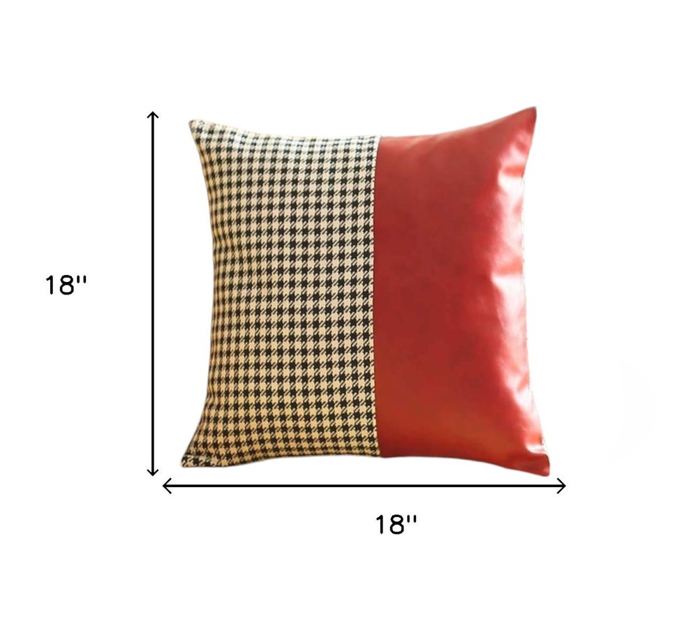 Set of Four 18" Red Black and White Houndstooth Fabric and Faux Leather Throw Pillows