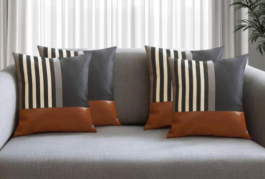 Set of Four 18" Brown Black and Ivory Striped Fabric and Faux Leather Throw Pillows
