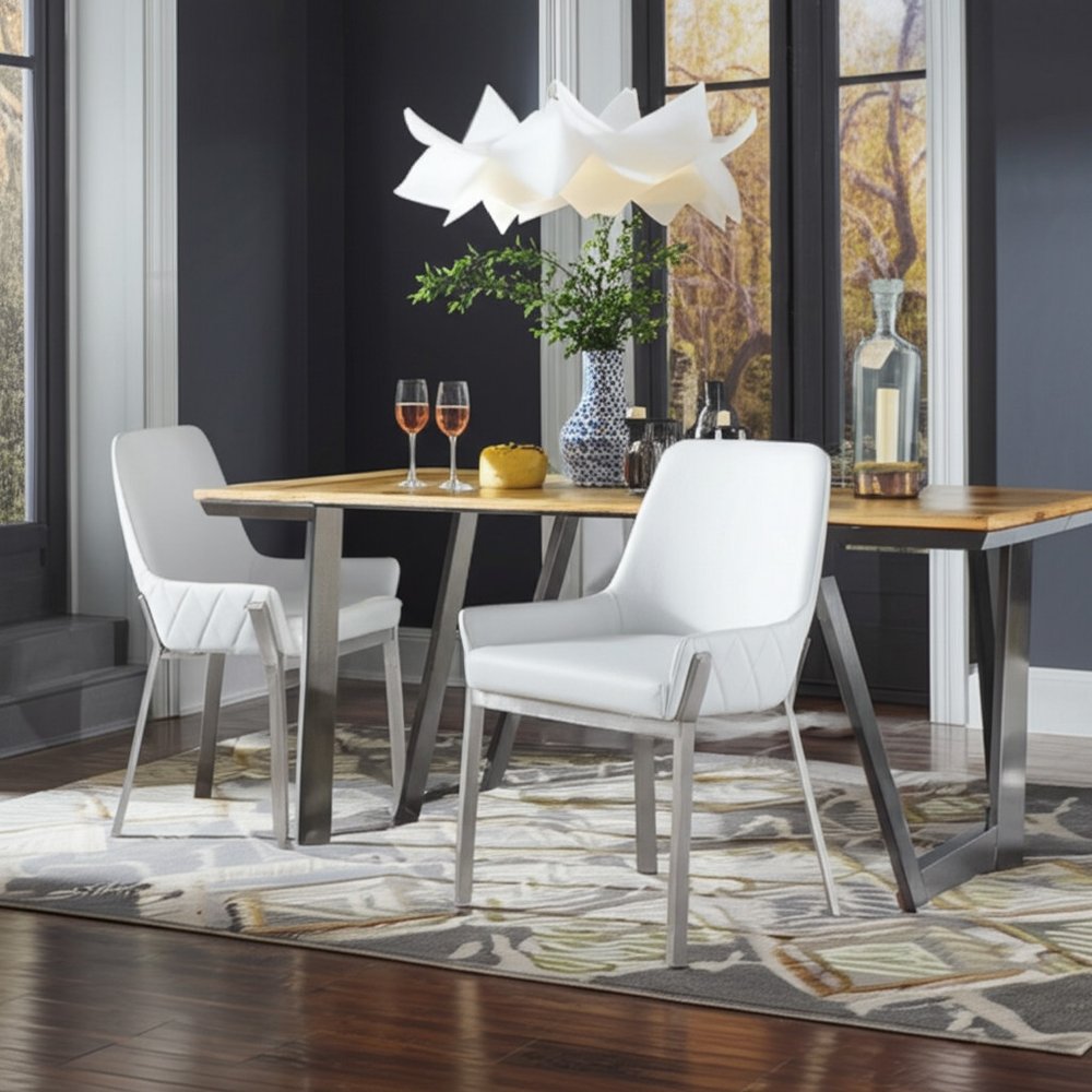 White and Silver Upholstered Faux Leather Dining Arm Chair