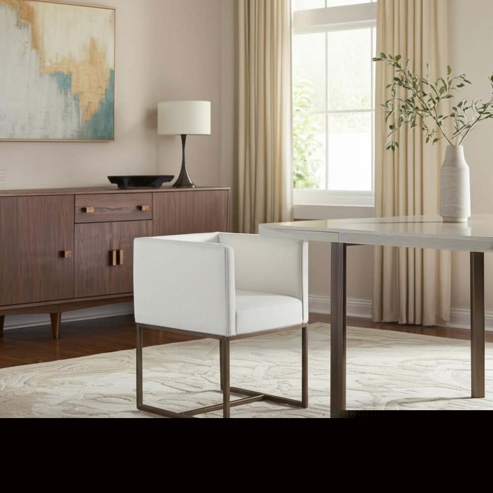 Off White and Antiqued Brass Upholstered Fabric Dining Arm Chair