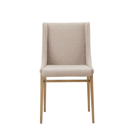 Set of Two Beige and Antiqued Brass Upholstered Fabric Wing Back Dining Side Chairs