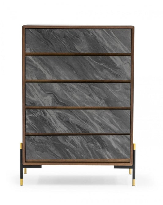 63" Walnut And Grey Faux Marble Wood Six Drawer Double Dresser