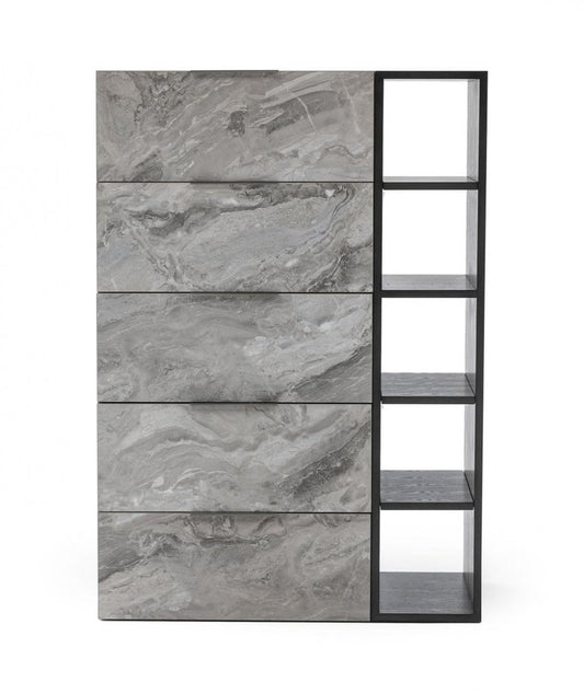 63" Grey Faux Marble and Black Wood Six Drawer Double Dresser