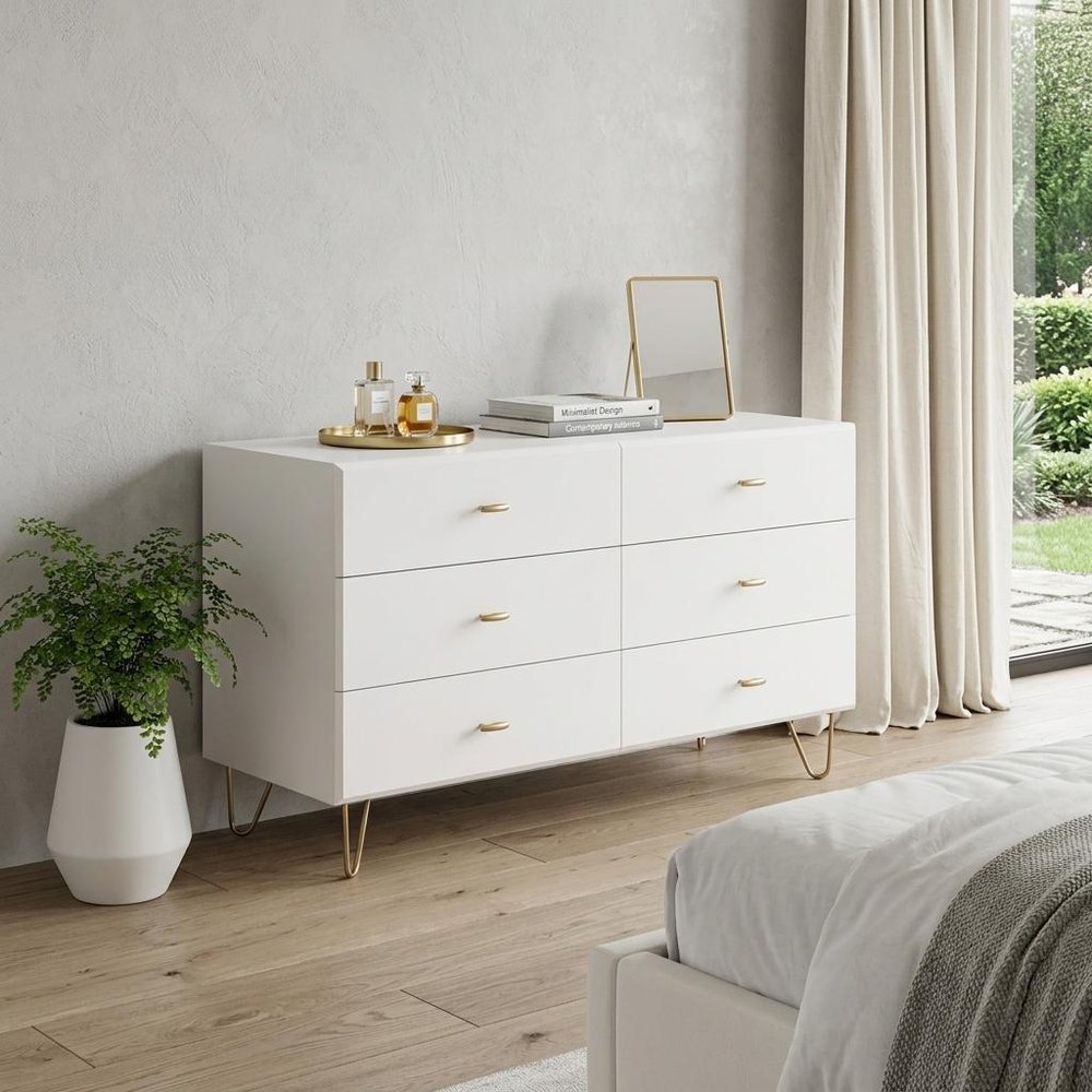 51" White Wood Six Drawer Double Dresser
