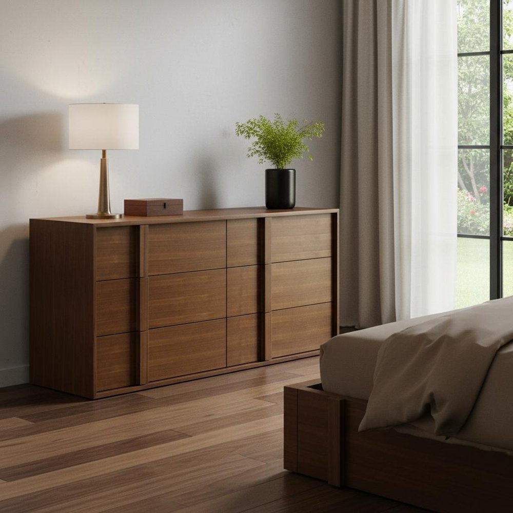 65" Walnut Solid Wood Six Drawer Double Dresser