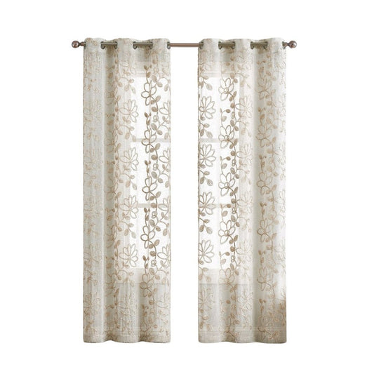 Set of Two 96" Tan Floral Embroidered Window Panels