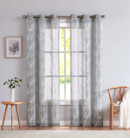 Set of Two 84" Silver Boho Embroidered Window Panels