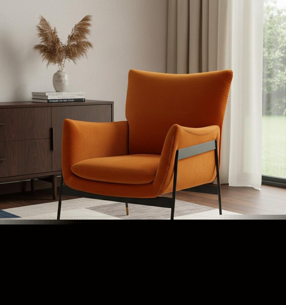 26" Orange And Black Velvet Wingback Chair