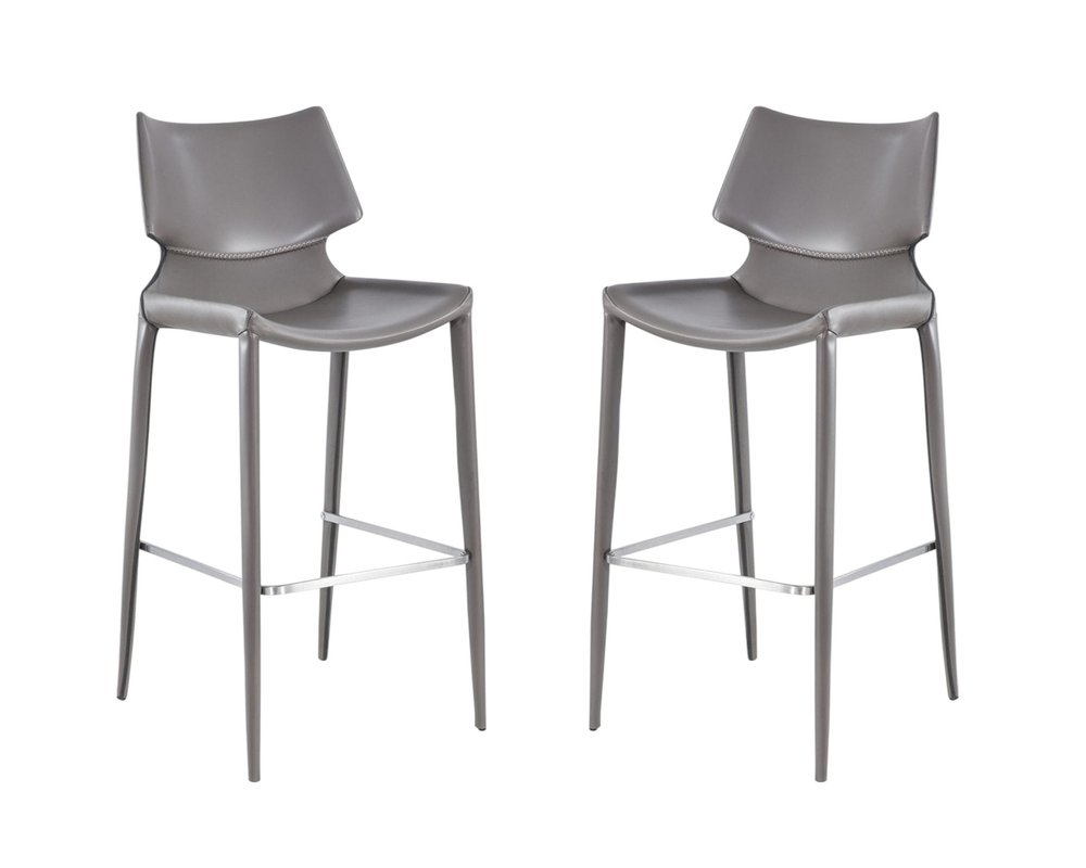 Set of Two 30" Gray Faux Leather And Steel Low Back Bar Height Bar Chairs