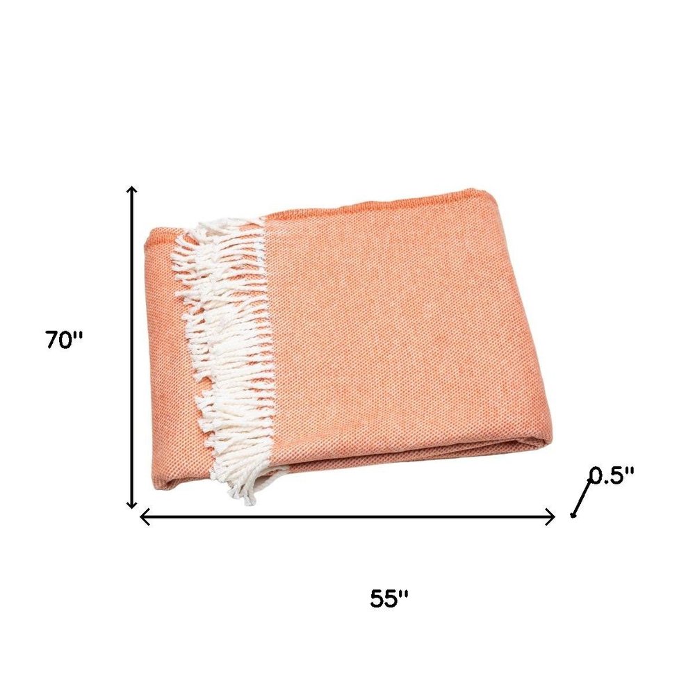 55" X 70" Coral And Ivory Cotton Woven Plush Throw Blanket with Tassels