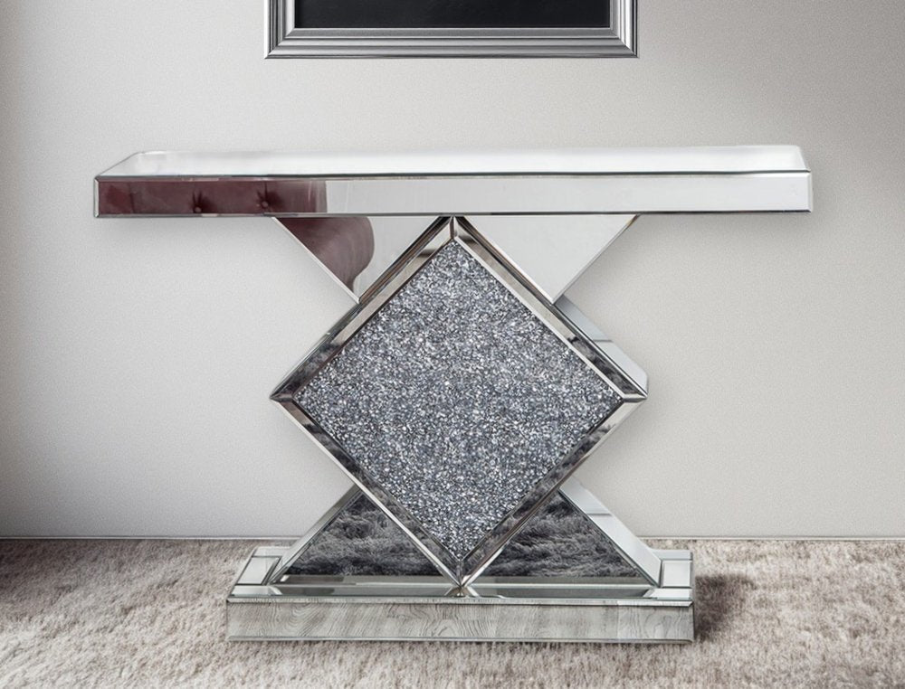 47" Clear and Silver Mirrored Glass And Faux Crystals Pedestal Console Table