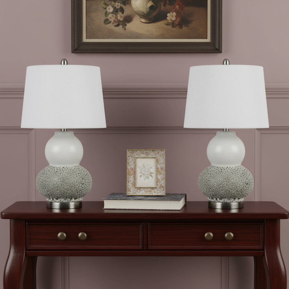 Set Of Two 24" Silver Metal Two Light Desk Table Lamps With White Globe Shade
