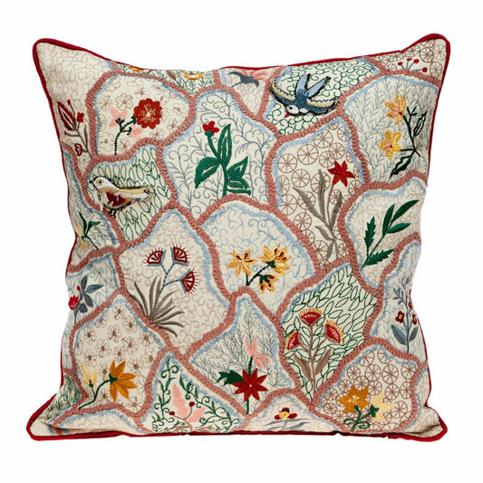 18" Beige Blue and Green Cotton Throw Pillow With Embroidery