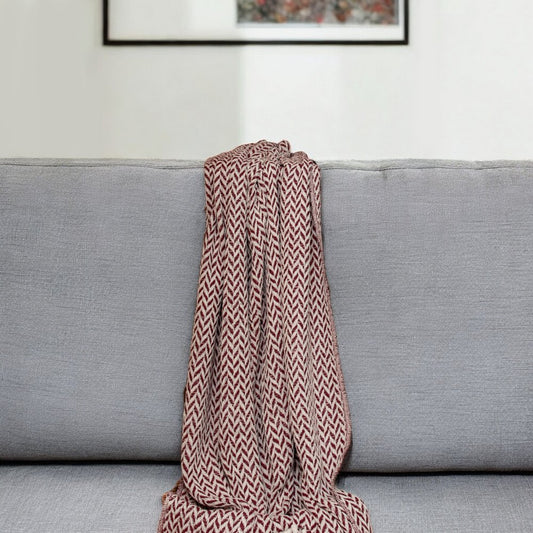 52" X 67" Burgundy And Ivory Cotton Woven Herringbone Throw Blanket with Tassels