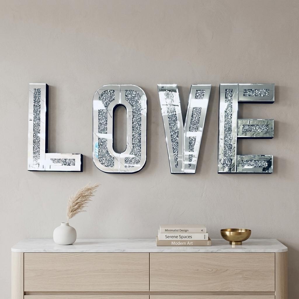 Silver Mirrored Mosaic Crystal Bling LOVE Wall Decor