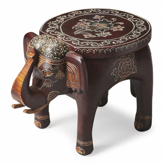 15" Brown Hand Painted Floral Three Dimensional Elephant End Table
