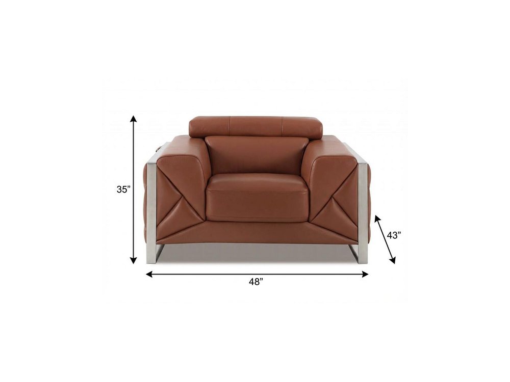 48" Camel And Silver Italian Leather Arm Chair