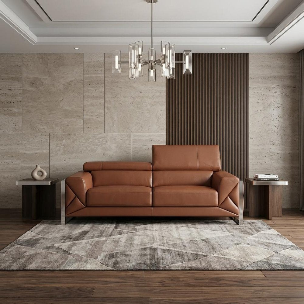 89" Camel Italian Leather Sofa With Silver Legs