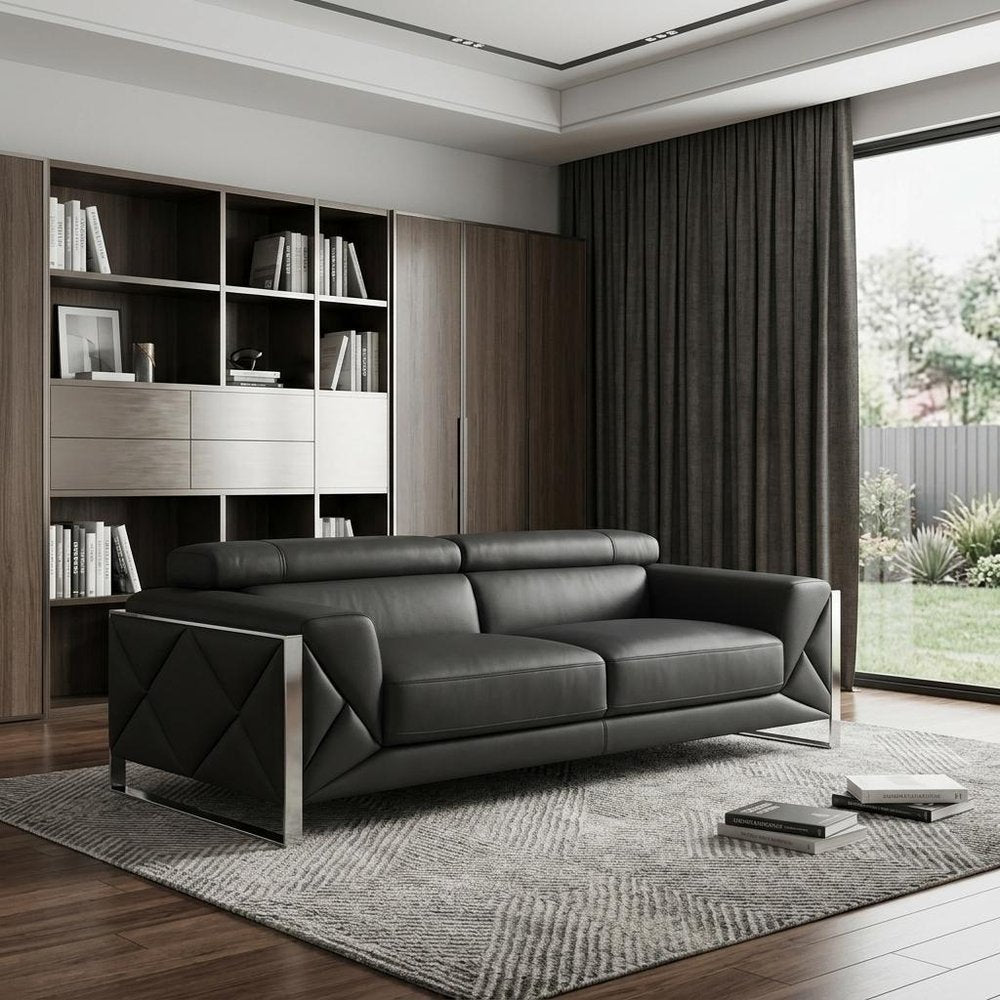 89" Dark Gray Italian Leather Sofa With Silver Legs