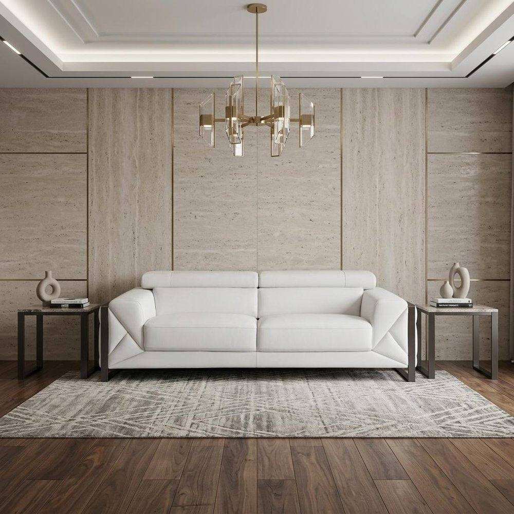 89" White Italian Leather Sofa With Chrome Legs