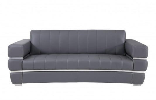 89" Dark Gray Italian Leather Sofa With Silver Legs