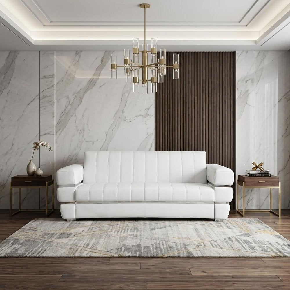 89" White Italian Leather Sofa With Silver Legs