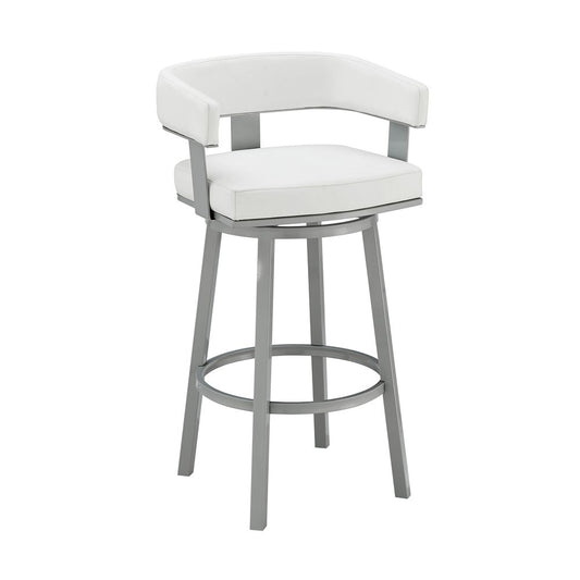 26" White and Gray Faux Leather and Iron Low Back Counter Height Swivel Bar Chair