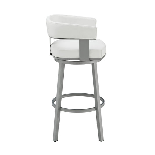 26" White and Gray Faux Leather and Iron Low Back Counter Height Swivel Bar Chair