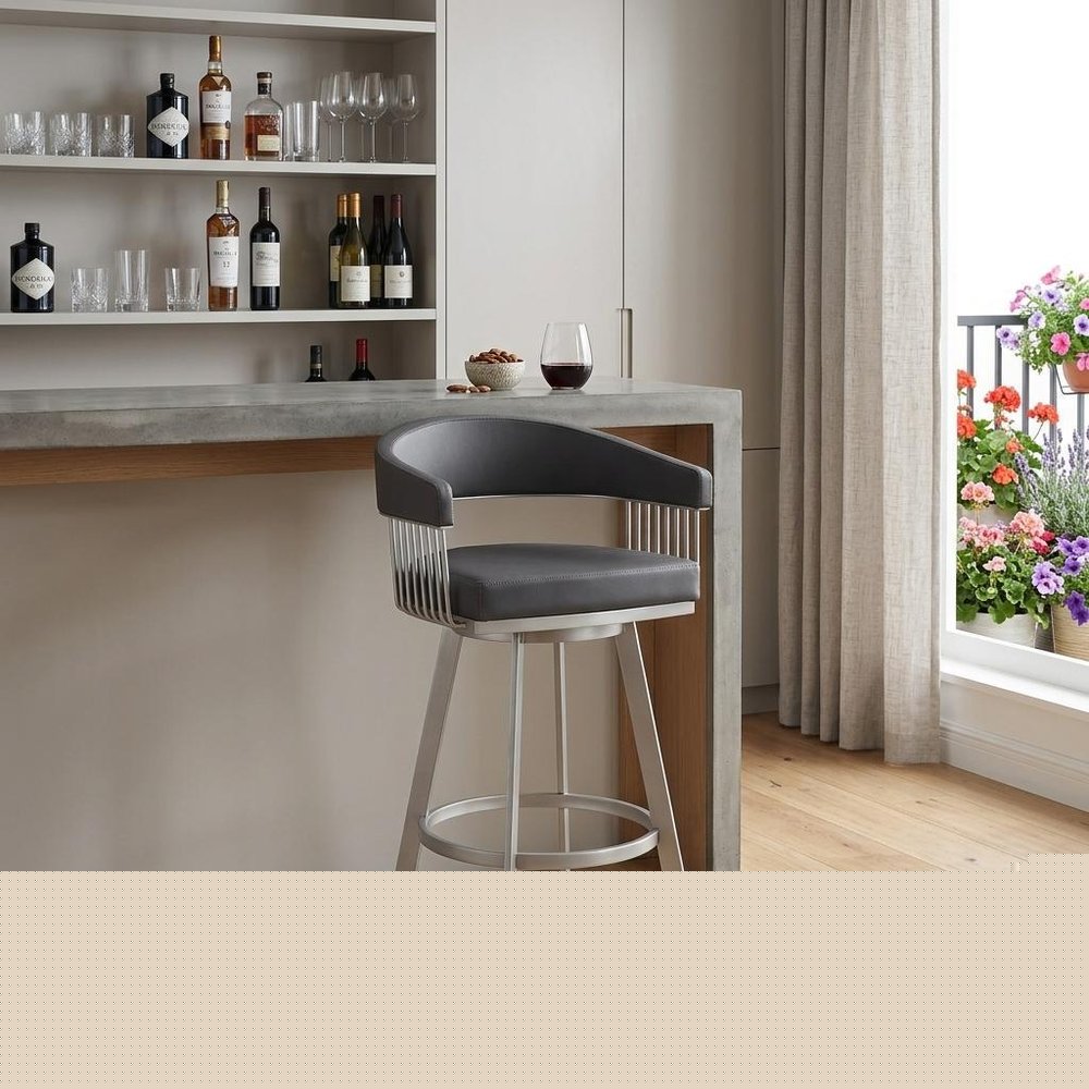 29" Slate Gray And Silver Iron Swivel Low Back Bar Chair