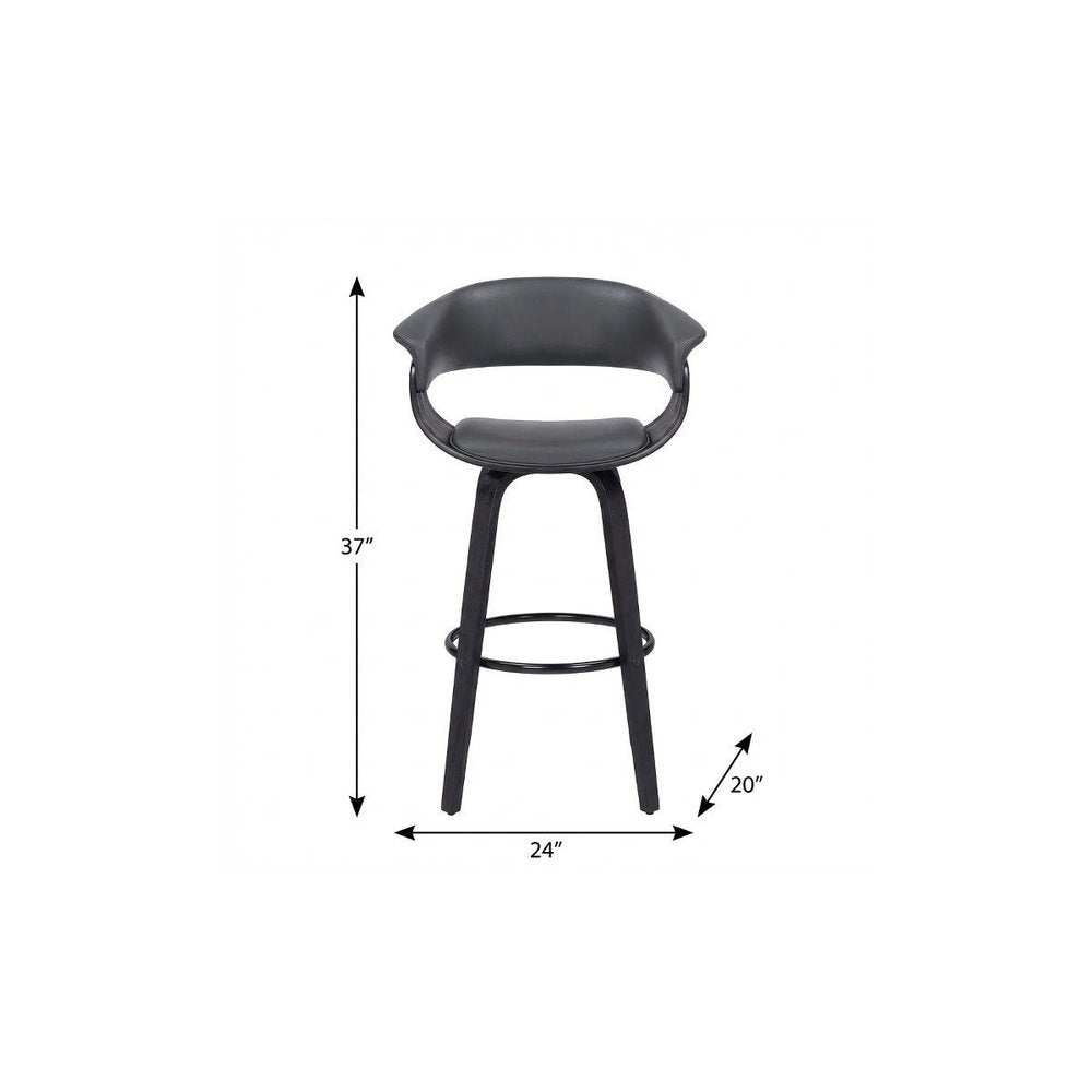27" Gray And Black Faux Leather And Fabric And Solid Wood Low Back Counter Height Swivel Bar Chair