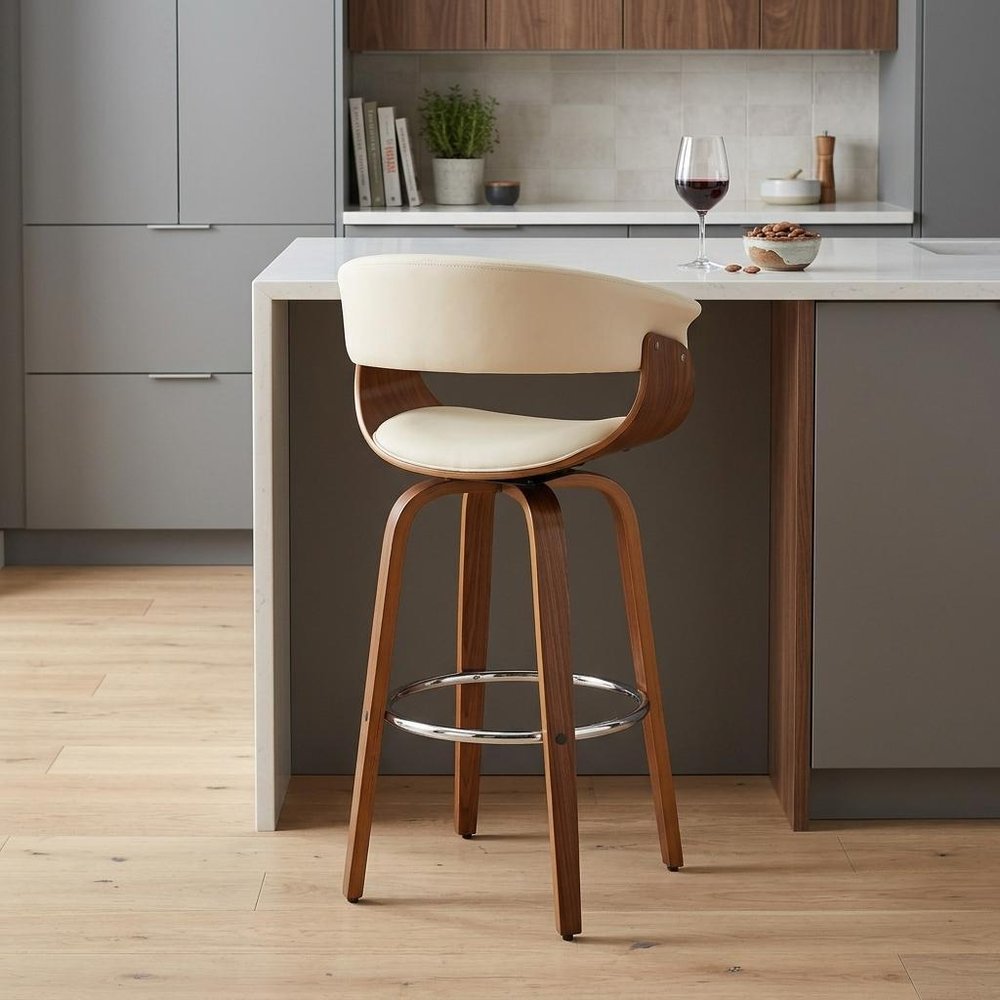 27" Cream and Brown Faux Leather and Solid Wood Low Back Counter Height Swivel Bar Chair