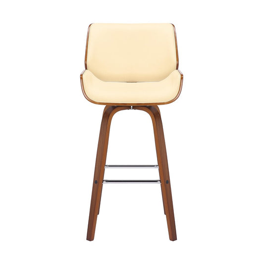 30" Cream And Brown Faux Leather And Solid Wood Swivel Bar Height Bar Chair