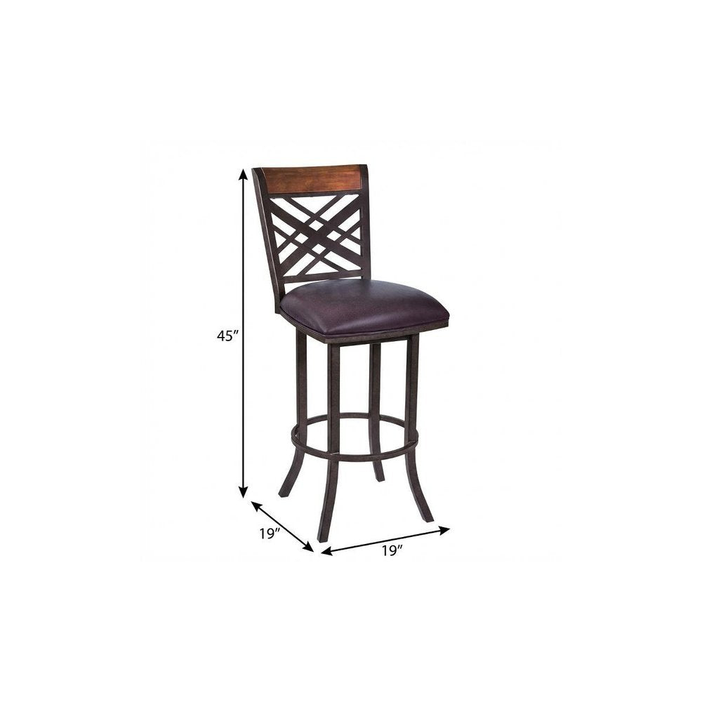 30" Brown Faux Leather And Iron Bar Height Bar Chair