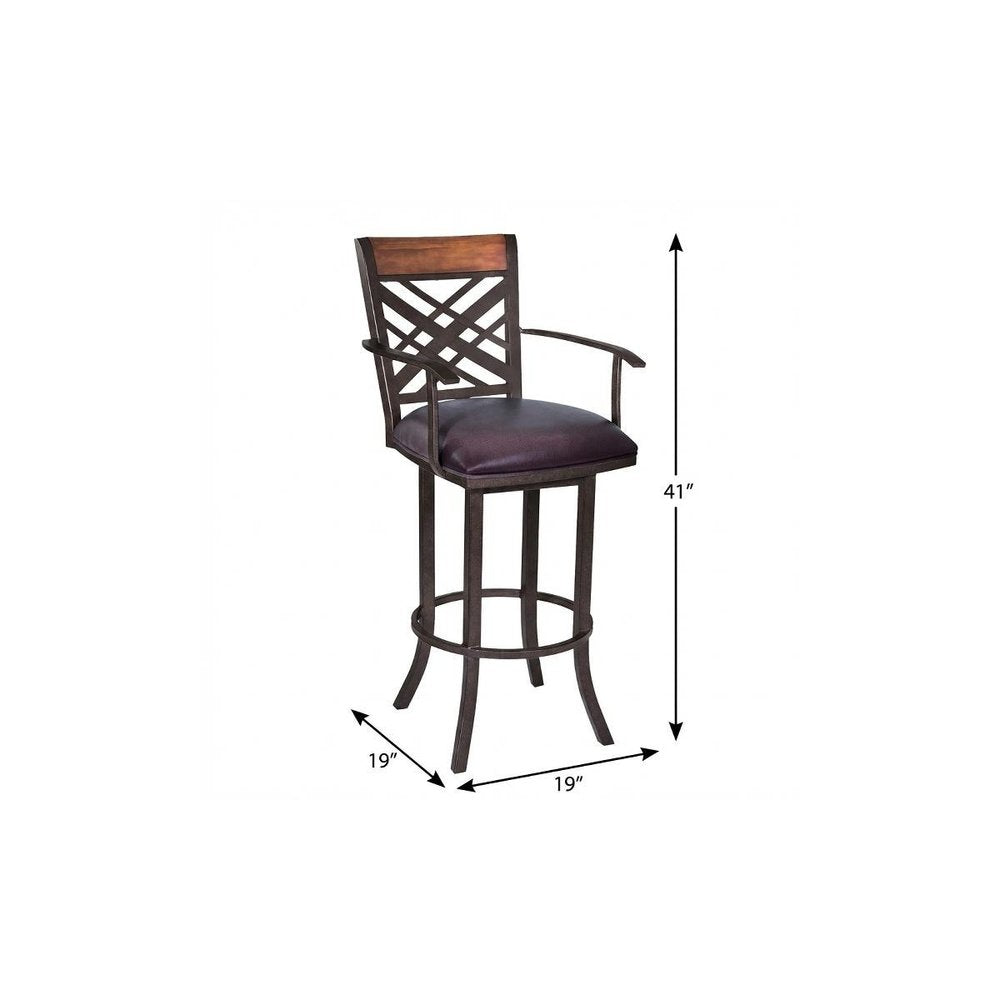 26" Brown Faux Leather And Iron Counter Height Bar Chair