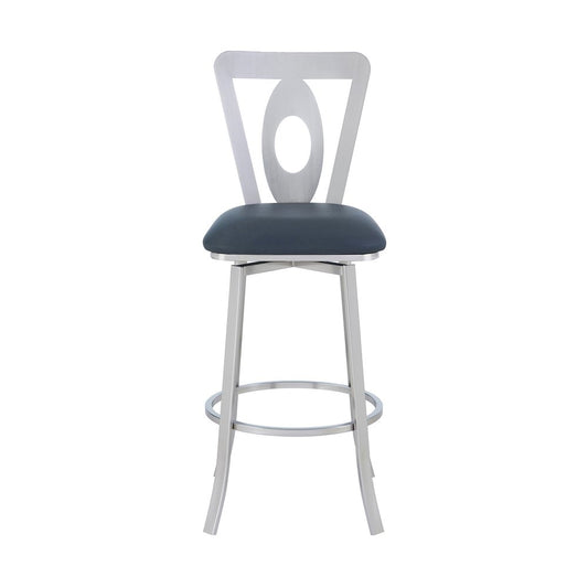 30" Gray And Silver Faux Leather And Iron Swivel Bar Height Bar Chair