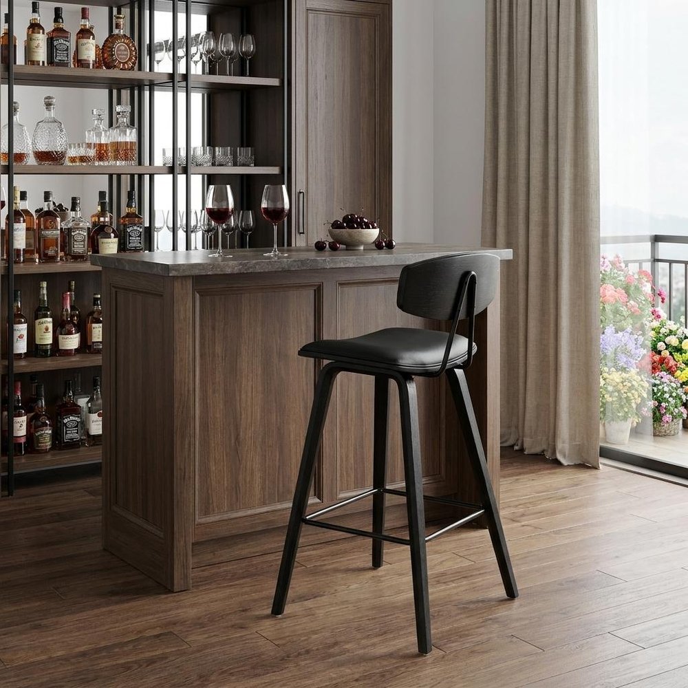29" Black Faux Leather and Iron Low Back Bar Height Bar Chair