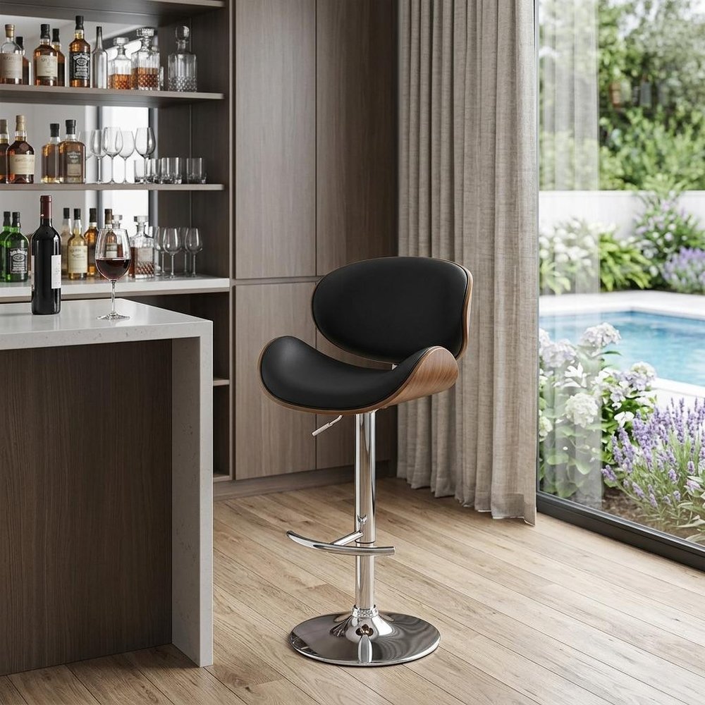 25" Black And Silver Faux Leather And Solid Wood Swivel Low Back Adjustable Height Bar Chair
