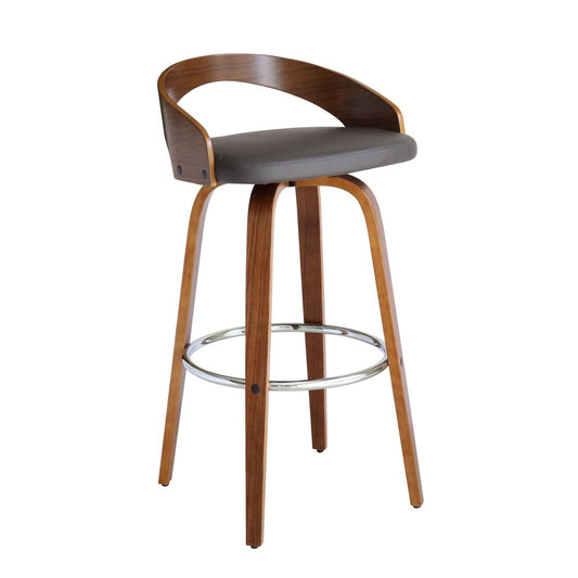 30" Gray and Brown Faux Leather and Iron Low Back Bar Height Swivel Bar Chair