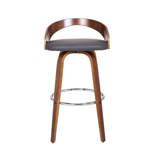 30" Gray and Brown Faux Leather and Iron Low Back Bar Height Swivel Bar Chair