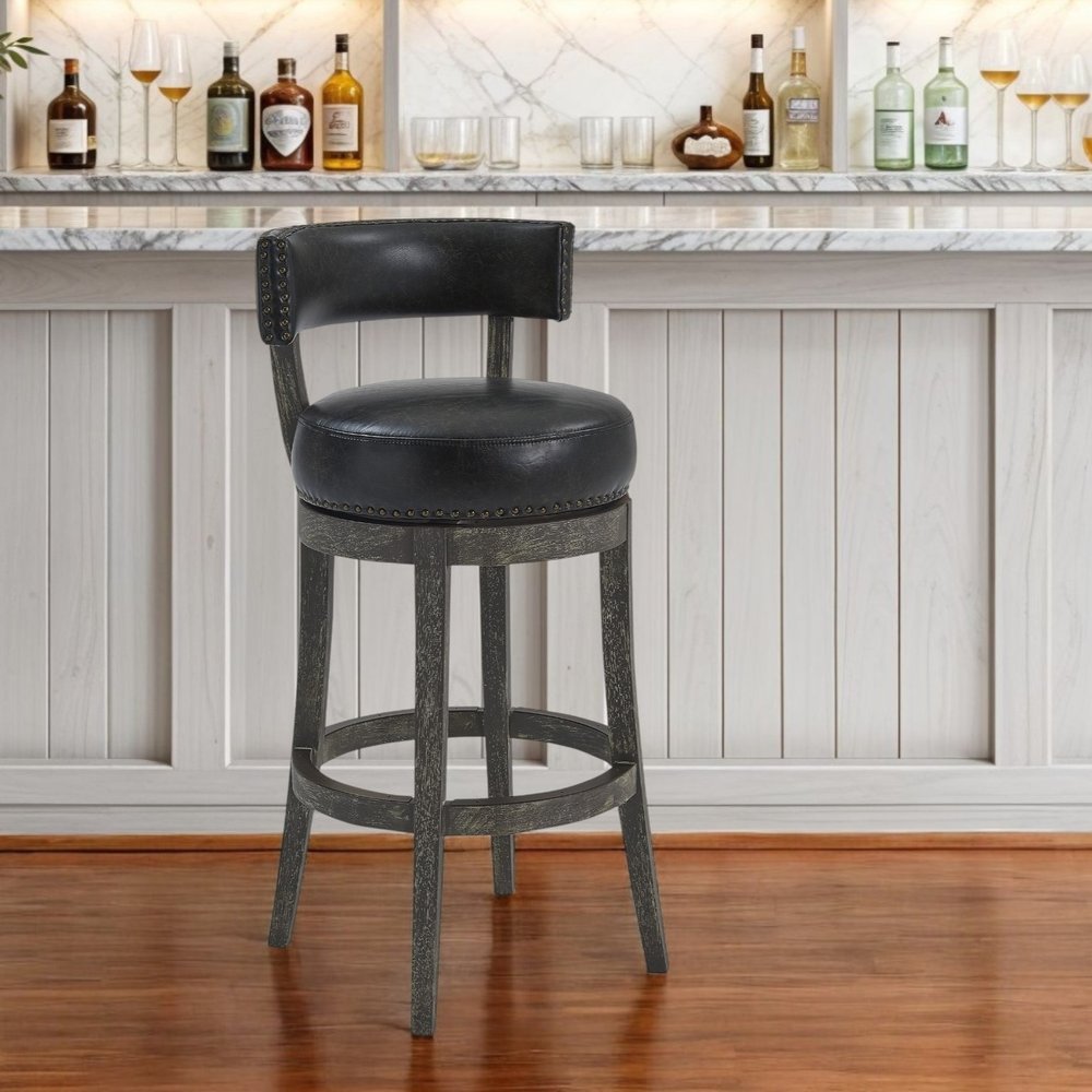 31" Onyx and Gray Faux Leather and Solid Wood Low Back Bar Height Swivel Bar Chair