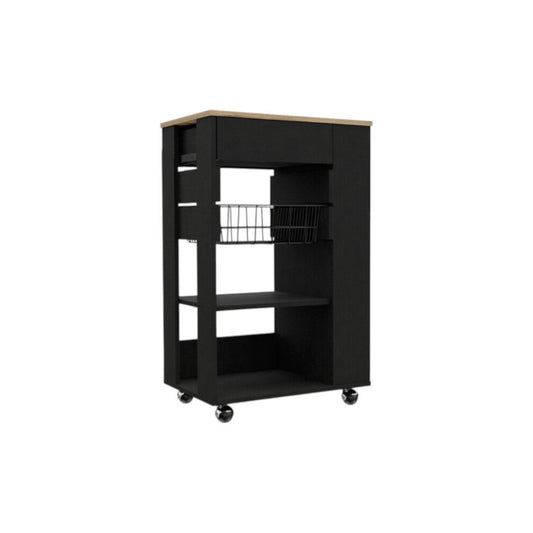 Black and Natural 22" Rolling Kitchen Cart With Storage