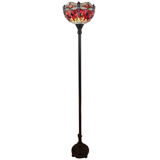 69" Black And Red Torchiere Floor Lamp With Red Dragonfly Glass Dome Shade