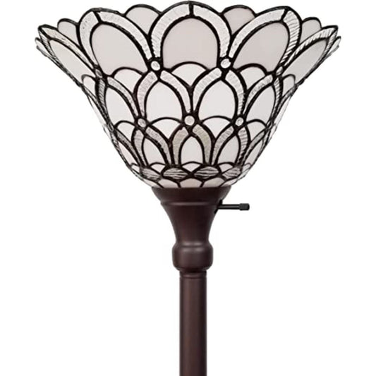 62" Brown And White Floor Lamp With White Peacock Feather Glass Bell Shade