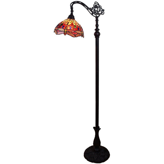 61" Black And Red Torchiere Floor Lamp With Red Dragonfly Glass Dome Shade