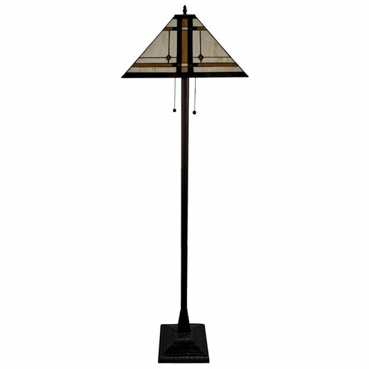 62" Brown And White Two Light Floor Lamp With Brown And White Glass Cone Shade